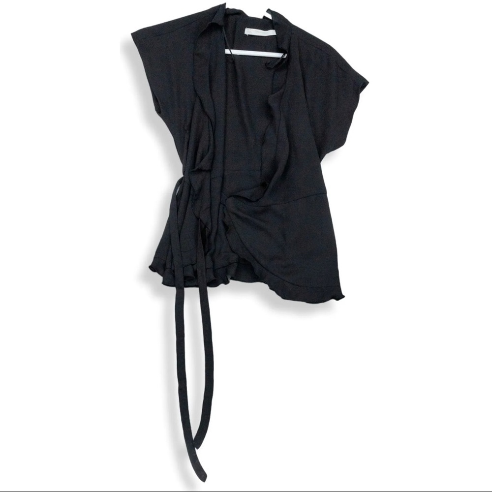 Zara Womens Black Short Cap Sleeve Open Front Tie Waist Blouse Top Size Small
